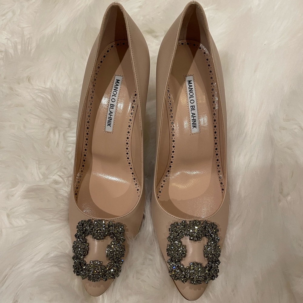 Nude Manolo Blahnik Leather Hangisi Pumps 70mm